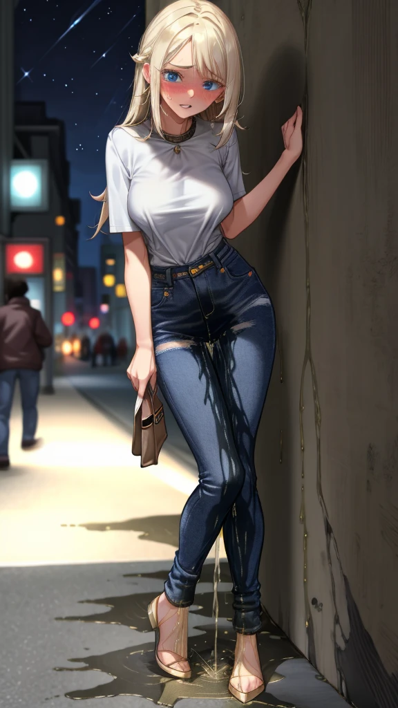 ((best quality, masterpiece:1.3, 8K)), (detailed), highly detailed face and skin texture, detailed eyes, downtown, full body, slender body, 1girl, 25 years old, white skin, blue eyes, bright lips, worried, embarrassed, blond hair, straight hari, long hair, (forehead:0.8), (stylish shirt:1.2), large breast, jeans pants, skinny jeans, flares jeans, blue jeans, stylish shoes, peeing jeans, peeing pants, pee stain, (wetting herself:1.3), desperation,