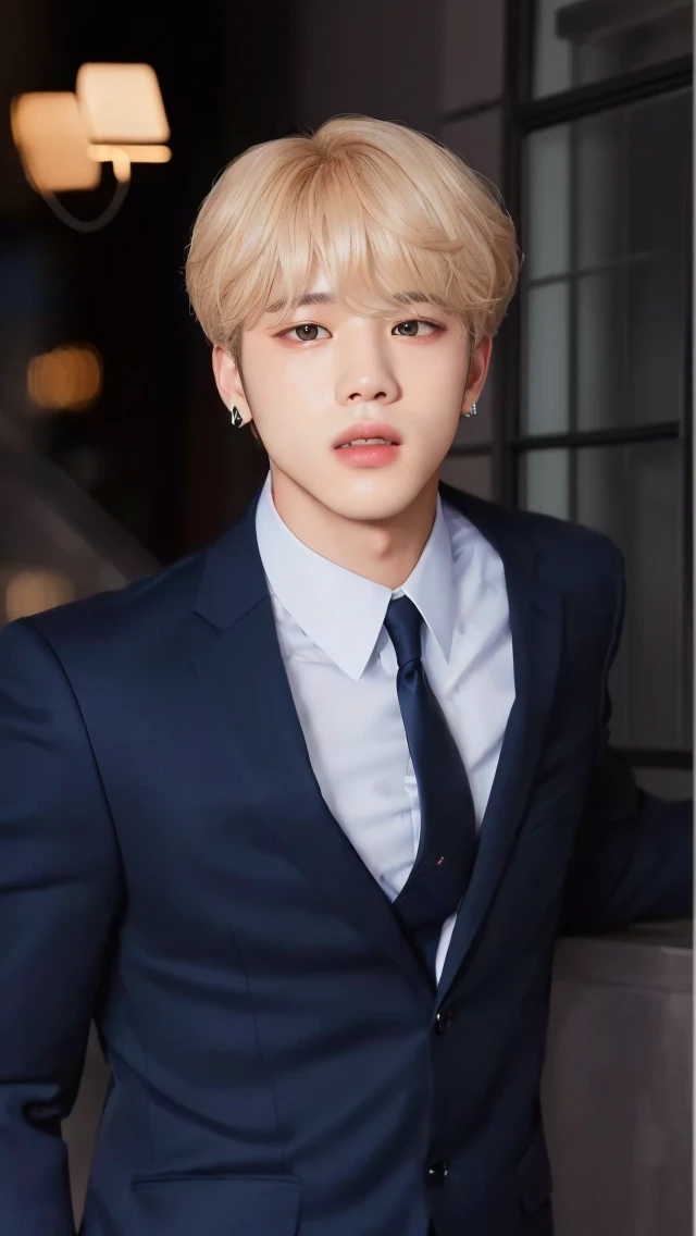 blurred image of a man in a suit and tie posing for a photo, Jimin\the full lips, Jimin, park Jimin, Jimin\the Greek nose, Jimin\the right eyelid is swollen, kpop idol portrait, accurate Jimin face, he is wearing a suit, official photos, yanjun chengt, profile picture with headshot, hyung tae