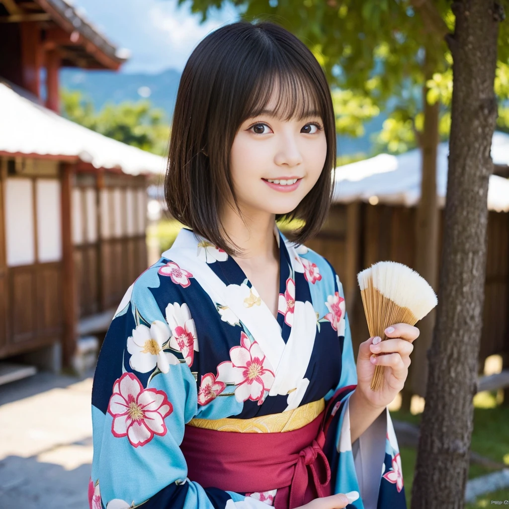 Japanese、Festival of Japan、Japan festival、food stand、Wearing a colorful yukata、The head is neatly tied、hair adornments、Happy face、Photorealsitic、depth of fields、1 girl、The girl is backlit、Clouds in the sky、Cloudy weather、Holding a fan in his hand、、((No makeup))、(Realistic、Photorealistic、Ultra-detailed、Best detailed skin、Highest quality、masterpiece、超A high resolution)、Cute Japanese Woman、16 years old、High school girl、Young girl、1 girl、Has bangs、double eyelid、Drooling eyes、Big black eyes、attractive、purity、cute smile、Natural smile、Watch it here、realistic skin type、Fluffy hair、Red cheeks、The wind is blowing、illumination、The light is coming from behind、Medium Bob Cut、smile、smile
