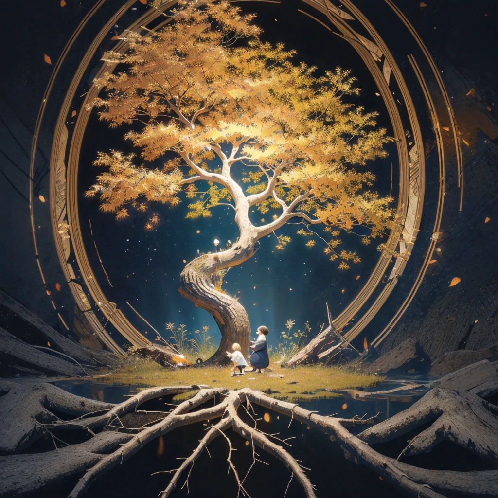 circular tree,four seasons,spring,summer,autumn,winter,leaves,roots,branches,trunk,ornate border,decorative,digital illustration,artwork,movement,time,swirling background,dark background,vibrant colors,natural,life cycle,growth,change,nature,life,peace,harmony,spirituality,symbolism,digital art,illustration,painting,graphic design,art,design,digital media,online art,visual art,fine art,fantasy