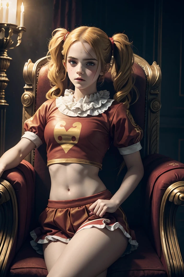 masterpiece. a beautiful emma watson dressed as girl clown with red paint. blonde, twintails. intricate tight short uniform, crop top. dark ambient. on a royal throne. cinematic lighting.