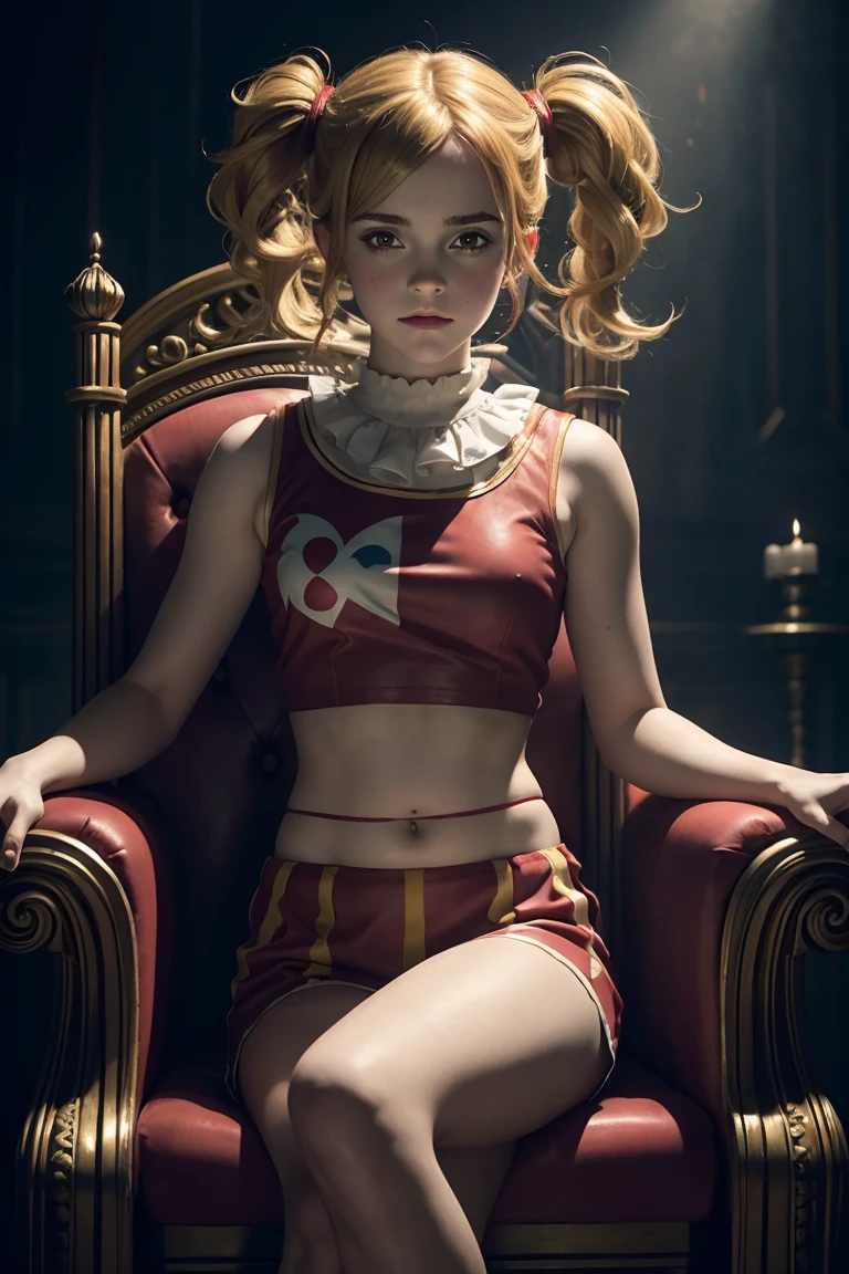 masterpiece. a beautiful emma watson dressed as girl clown with red paint. blonde, twintails. intricate tight short uniform, crop top. dark ambient. on a royal throne. cinematic lighting.