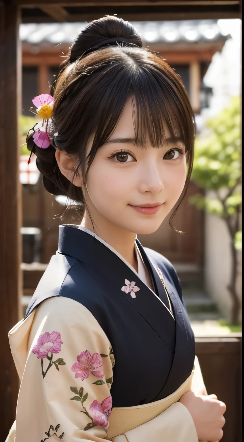Professional Lighting,(Realistic:1.4), (Top image quality:1.0), (超High resolution:1.0), 8K, Raw photography, (masterpiece:0.2), (Dealing with the Children_v1:0.5)、(最高quality Detail:1.2)、Realistic、8K Ultra HD、High resolution、(1 Girl:1.2)、超detailedな、High quality textures、複雑なdetailed、detailed、Very detailed CG、High quality shadows、detailed 美しく繊細な顔、Beautiful details and a delicate eye、(Symmetrical eyes:1.2),Written boundary depth、Ray Tracing,1 Girl, Japanese Girls, (Natural smile:1.4),cute, thin, Portrait of a beautiful Japanese woman in a kimono, Standing elegantly on a street corner in Kyoto. Kimono with vibrant traditional patterns, Hair decorated with elegant and delicate hairpins, Gentle expression. (With the old streets of Kyoto in the background:1.4)、The soft light of a spring afternoon、Adding tranquility to the scene. Rendered in a Realistic style with great attention to detail, High resolutionの画像.Sky Porn, Magic Hour, (Realistic:1.3), finely, quality, (Tabletop:1.2), (Realistic:1.2), (最高quality), (複雑なdetailed), dramatic, Ray Tracing, photograph, +roller