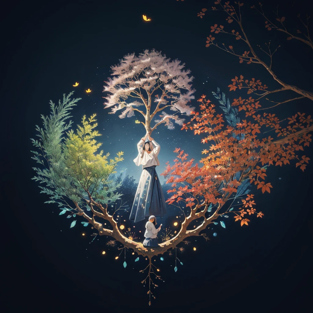 circular tree,four seasons,spring,summer,autumn,winter,leaves,roots,branches,trunk,ornate border,decorative,digital illustration,artwork,movement,time,swirling background,dark background,vibrant colors,natural,life cycle,growth,change,nature,life,peace,harmony,spirituality,symbolism,digital art,illustration,painting,graphic design,art,design,digital media,online art,visual art,fine art,fantasy
