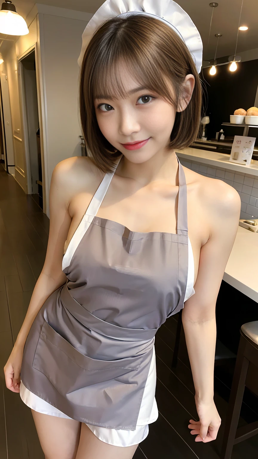 The most beautiful 25-year-old women, Exquisite body with large breasts, Tespero, Winking face with tongue out, (((Naked Apron))),((Maid style apron)), Lip details, Detailed eyes, double eyelid, Huge breasts, Dark brown short hair, Thighs Thighs, Are standing, (Photorealistic:1.4), (Best image quality:1.0), (Ultra-high resolution:1.0), 8K, RAW Photos, (masterpiece), Inside a maid cafe in Tokyo、Beautiful toes、(Detailed face、The Golden Ratio of Beauty)、A kind smile、Detailed lips、Detailed eyess、Short Bob Hair、Silver Hair、Pink mesh hair, coddle style, super cute face、Slim and beautiful body、Beautiful breasts、Shiny skin、