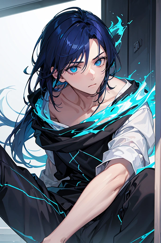 this same boy with dark blue hair and blue eyes , apareçe no meio da çidade atravez de um portal