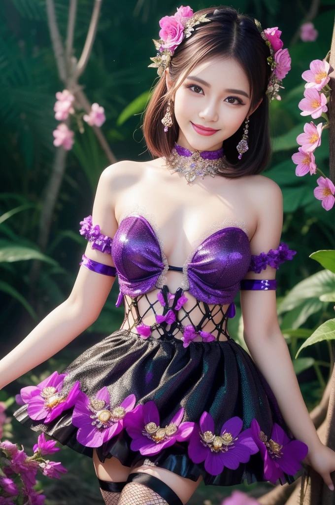 sexy Thai model who controls poison、beautiful smile、lipgloss、dramatic makeup、look at the camera、full body Esbian、、sparkling poisoned enchanted flower costume、、、、shiny sparkling colorful short hair、secrete poison、skull hair accessories、detailed tights、shiny sparkling dark magic forest background