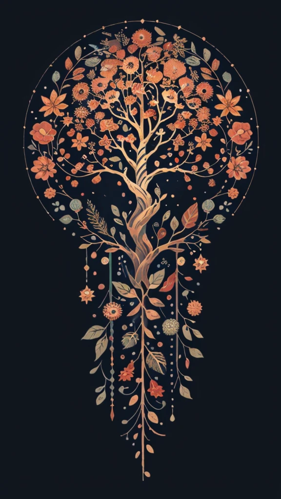 circular tree,four seasons,spring,summer,autumn,winter,leaves,roots,branches,trunk,ornate border,decorative,digital illustration,artwork,movement,time,swirling background,dark background,vibrant colors,natural,life cycle,growth,change,nature,life,peace,harmony,spirituality,symbolism,digital art,illustration,painting,graphic design,art,design,digital media,online art,visual art,fine art,fantasy
