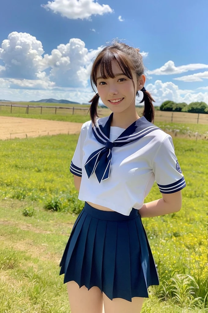 girl standing in windy rural field,large cumulonimbus cloud in summer blue sky,white sailor shirt,navy blue pleated skirt fluttering up in wind,white panties showing,18-year-old,bangs,a little smile,thighs,knees,short hair with low pigtails bunches blowing in wind,from below,front light