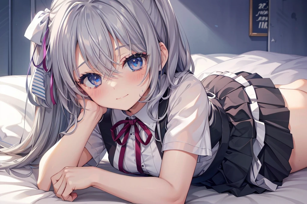 Lying down,Face close up,Blushing,smile, Looking at the audience, bed,Hair between the eyes, Blue jewel-like eyes, Gray Hair, Hair length, ribbon, ヘアribbon, uniform, Pleated skirt, White shirt, Black Skirt, Short sleeve,Plump thighs,Simple Background,Best image quality