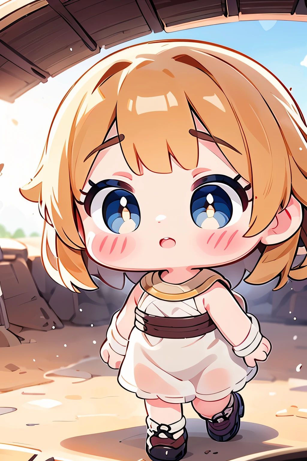 Chibi Girl、Walking through the desert under the scorching sun、Sweat、heat haze、Chunky shoes、Very detailed、Ultra-realistic、Photorealistic、8K、Hyperrealistic、masterpiece、Beautiful detailed eyes、Beautiful detailed lips、Very detailedな顔、Long eyelashes、Beautiful young girl、Beautiful lighting、Cinematic、Intricate details、Soft Focus、Depth of written boundary