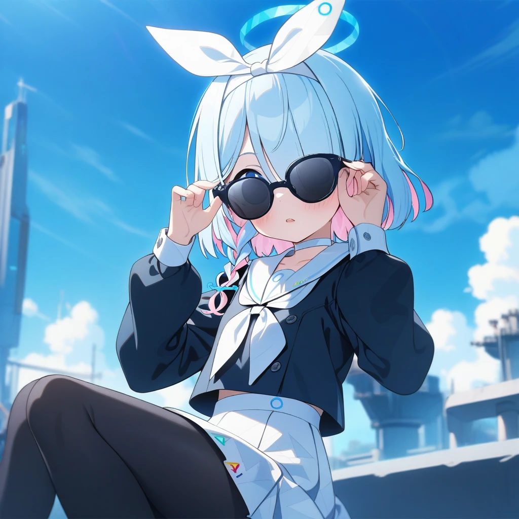 1girl, blue archive, arona \(blue archive\), absurdres, official art, adjusting eyewear, black choker, black coat, black eyes, black hairband, black pantyhose, black sailor collar, black serafuku, blue hair, blue halo, blue pupils, blue shirt, blue sky, blush, bow hairband, braid, breasts, buttoned cuffs, buttons, choker, closed mouth, cloud, coat, colored inner hair, day, film grain, hair over one side of face, hair ribbon, sitting, skirt, sky, small breasts, sunglasses, teeth, thighs, two-tone hair, upper teeth only, white choker, white hairband, white neckerchief, white ribbon, white sailor collar, white skirt, ((very aesthetic, best quality, ultra detailed))
