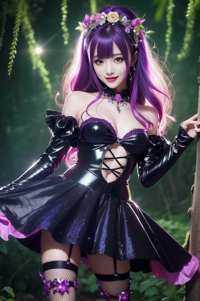 sexy Swedish model who controls poison、beautiful smile、lipgloss、long lashes、eyeliner、gothic makeup、defined eyebrows、look at the camera、full body Esbian、、sparkling poisoned enchanted flower costume、、、、shiny sparkling colorful short hair、secrete poison、skull hair accessories、detailed tights、shiny sparkling dark magic forest background