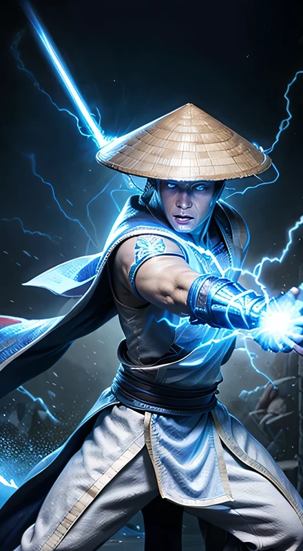 Raiden, Mortal Combat, wears white cloak, A Vietnamese hat, shining blue eyes, wields baton, God of thunder, protector of the Earth Plane, intricate, high détail, sharp focus, dramatic, photorealistic paint art by greg rutkowski
