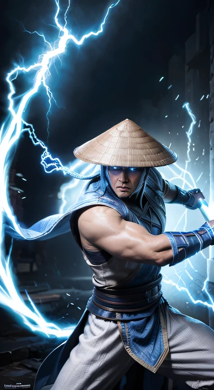 Raiden, Mortal Combat, wears white cloak, A Vietnamese hat, shining blue eyes, wields baton, God of thunder, protector of the Earth Plane, intricate, high détail, sharp focus, dramatic, photorealistic paint art by greg rutkowski
