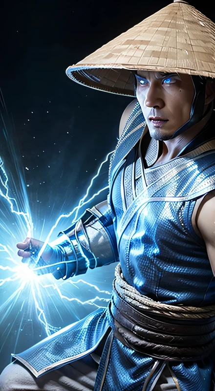 Raiden, Mortal Combat, wears white cloak, A Vietnamese hat, shining blue eyes, wields baton, God of thunder, protector of the Earth Plane, intricate, high détail, sharp focus, dramatic, photorealistic paint art by greg rutkowski
