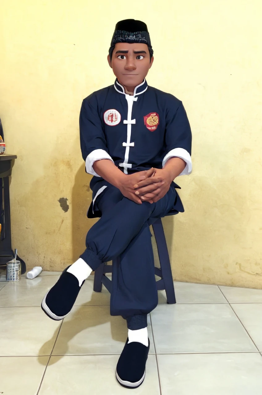 Realistic 3D caricature image of a full body Indonesian man sitting on a chair with a red curtain background. He is wearing traditional Chinese clothing, long-sleeved black cheongsam (sleeves rolled up to the elbows), shirt edges with white stripes on the edges and sleeves, shirt collar edges with stripes white. He wore a black skullcap. His hands were folded in his lap. He wore plain black joggers, white socks, and black traditional Chinese slip-on shoes (Wing Chun shoes) that matched his outfit. The man wore a calm and serious expression. The chair he sat on was red, possibly made of cloth or foam, with red armrests. He sat with his legs crossed, left leg over right. The backdrop features bright red curtains that stretch from top to floor. The floor visible below has a tile pattern, perhaps ceramic or tile, with some visible stains or dirt. Detailed HD quality cinematic 3D rendering.