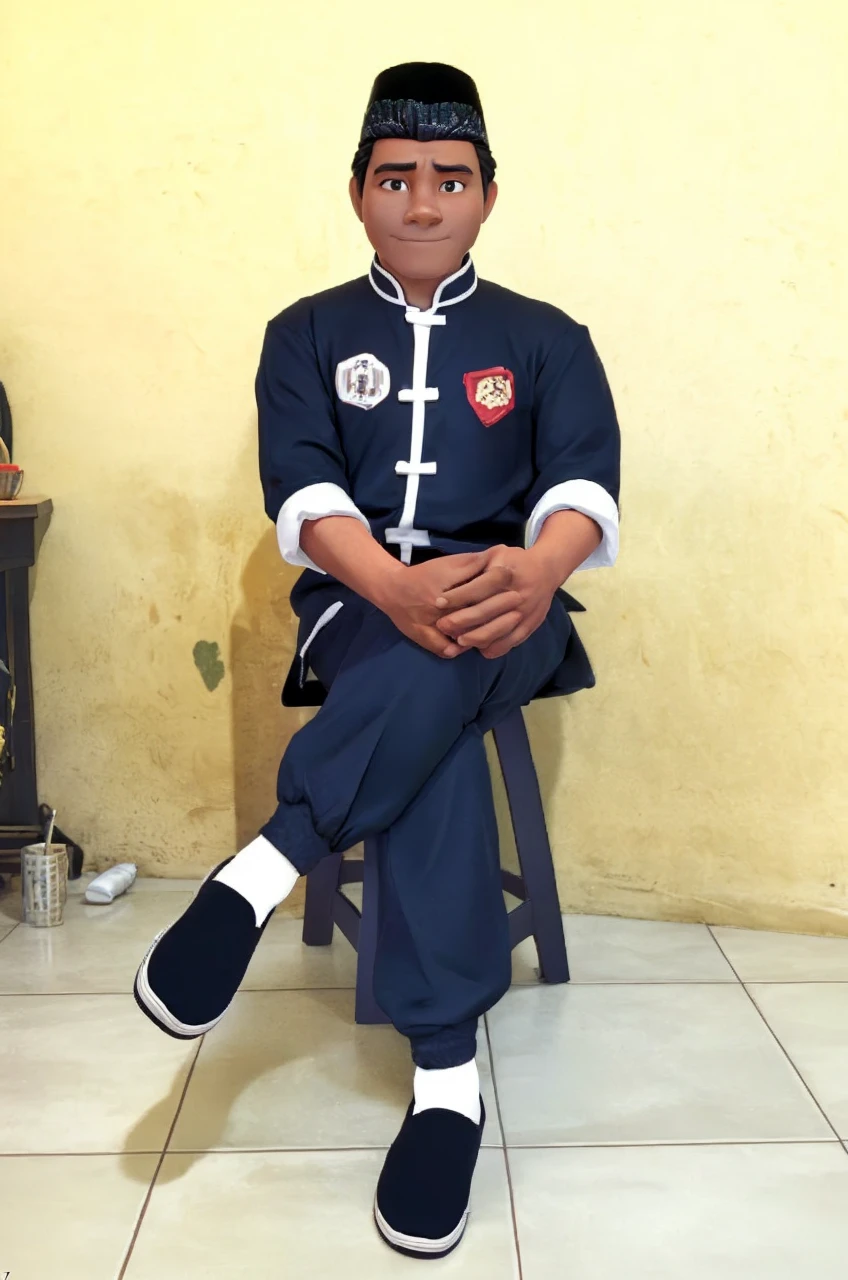 Realistic 3D caricature image of a full body Indonesian man sitting on a chair with a red curtain background. He is wearing traditional Chinese clothing, long-sleeved black cheongsam (sleeves rolled up to the elbows), shirt edges with white stripes on the edges and sleeves, shirt collar edges with stripes white. He wore a black skullcap. His hands were folded in his lap. He wore plain black joggers, white socks, and black traditional Chinese slip-on shoes (Wing Chun shoes) that matched his outfit. The man wore a calm and serious expression. The chair he sat on was red, possibly made of cloth or foam, with red armrests. He sat with his legs crossed, left leg over right. The backdrop features bright red curtains that stretch from top to floor. The floor visible below has a tile pattern, perhaps ceramic or tile, with some visible stains or dirt. Detailed HD quality cinematic 3D rendering.