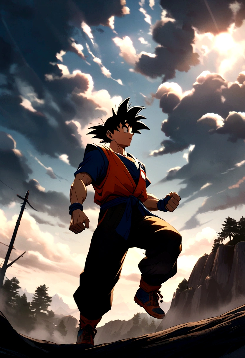Goku de Mountain bike, climbing the mountain with an orange bike