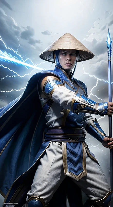 Raiden, Mortal Combat, wears white cloak, A Vietnamese hat, shining blue eyes, wields baton, God of thunder, protector of the Earth Plane, intricate, high détail, sharp focus, dramatic, photorealistic paint art by greg rutkowski
