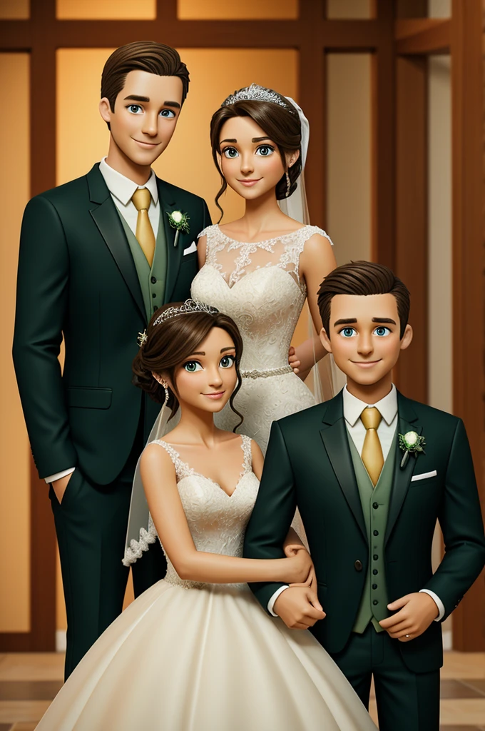 Animated image of a wedding couple. The bride is short, slim build, large light brown eyes, brown hair with blonde highlights. 

The groom is tall, robust build, green eyes and black hair. 