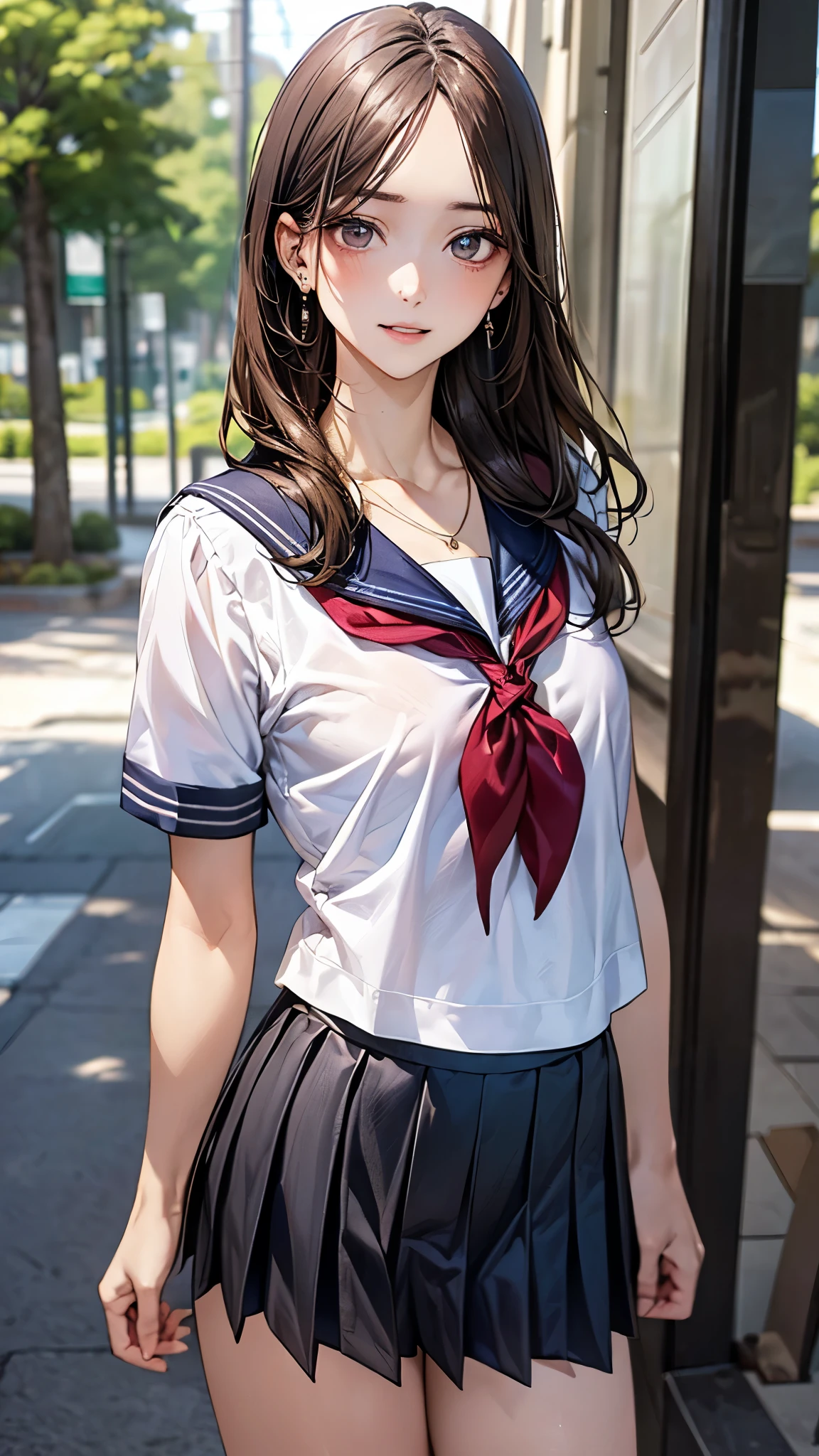 (masterpiece:1.2, top-quality), (realistic, photorealistic:1.4), beautiful illustration, (natural side lighting, movie lighting), nsfw,
beautiful detailed hair, beautiful detailed face, beautiful detailed eyes, beautiful clavicle, beautiful body, beautiful chest, beautiful thigh, beautiful legs, beautiful hands,
looking at viewer, 1 girl, japanese, high school girl, perfect face, cute and symmetrical face, shiny skin,
(long hair, straight hair, brown hair), forehead, gray eyes, slant eyes, big eyes, long eye lasher, (medium breasts), (small ass, thin thighs), slender, outstanding style,
((detailed cloth texture, serafuku, short sleeves, pleated skirt, sailor collar, scarf), finest underwear), earrings, necklace,
(beautiful scenery), evening, summer, (riverside), standing (hand on chest), (seductive smile, upper eyes, parted lips),