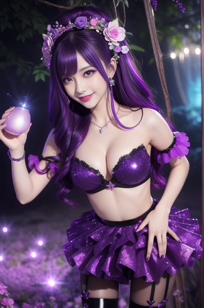 beautiful sexy woman who controls poison、beautiful smile、lipgloss、intense makeup、look at the camera、full body Esbian、、sparkling poisoned flower costume (purple)、、、、shiny sparkling multicolor hair、secrete poison、skull hair accessories schnet tights、shiny sparkling dark magic forest background