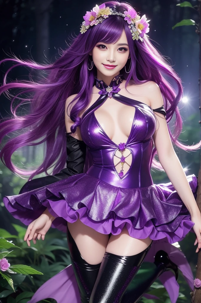 beautiful sexy woman who controls poison、beautiful smile、lipgloss、intense makeup、look at the camera、full body Esbian、、sparkling poisoned flower costume (purple)、、、、shiny sparkling multicolor hair、secrete poison、skull hair accessories schnet tights、shiny sparkling dark magic forest background