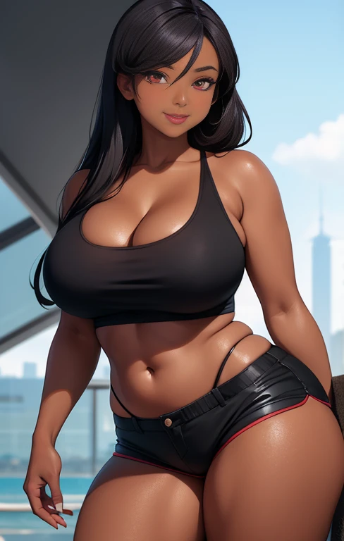 girl, With big breasts, curvy body, black top, dark red shorts, ebony dark skin, by white, crimson red eyes, seductive smile