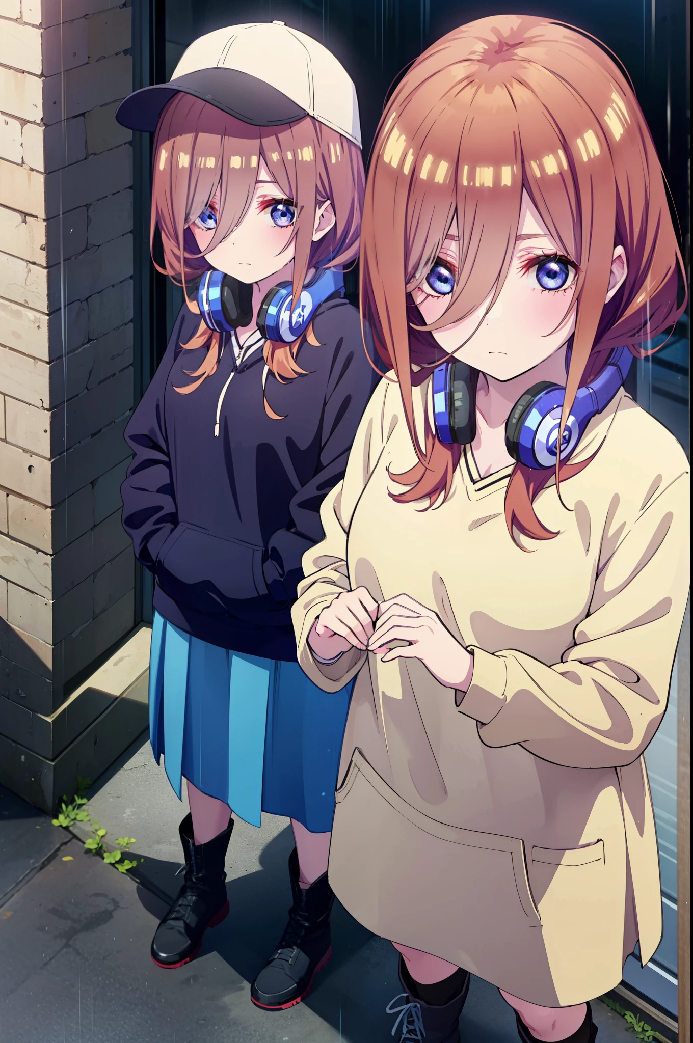 miku nakano, Nakano Miku Ticket III, Long Hair, bangs, blue eyes, Brown Hair, Hair between the eyes,Baseball hats,Headphones around neck,Oversized blue hoodie,Long skirt,short boots,rain,Hiding in a roofed building,Standing leaning against the wall,whole bodyがイラストに入るように,
break outdoors, Building district,
break looking at viewer, whole body,
break (masterpiece:1.2), Highest quality, High resolution, unity 8k wallpaper, (figure:0.8), (Beautiful attention to detail:1.6), Highly detailed face, Perfect lighting, Highly detailed CG, (Perfect hands, Perfect Anatomy),