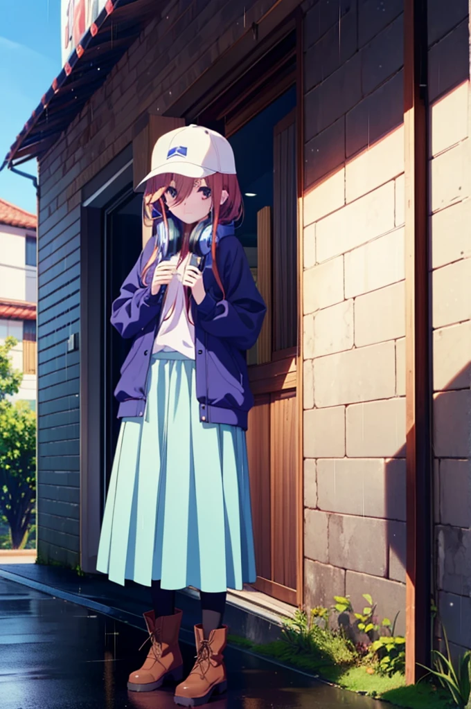 miku nakano, Nakano Miku Ticket III, Long Hair, bangs, blue eyes, Brown Hair, Hair between the eyes,Baseball hats,Headphones around neck,Oversized blue hoodie,Long skirt,short boots,rain,Hiding in a roofed building,Standing leaning against the wall,whole bodyがイラストに入るように,
break outdoors, Building district,
break looking at viewer, whole body,
break (masterpiece:1.2), Highest quality, High resolution, unity 8k wallpaper, (figure:0.8), (Beautiful attention to detail:1.6), Highly detailed face, Perfect lighting, Highly detailed CG, (Perfect hands, Perfect ???????),