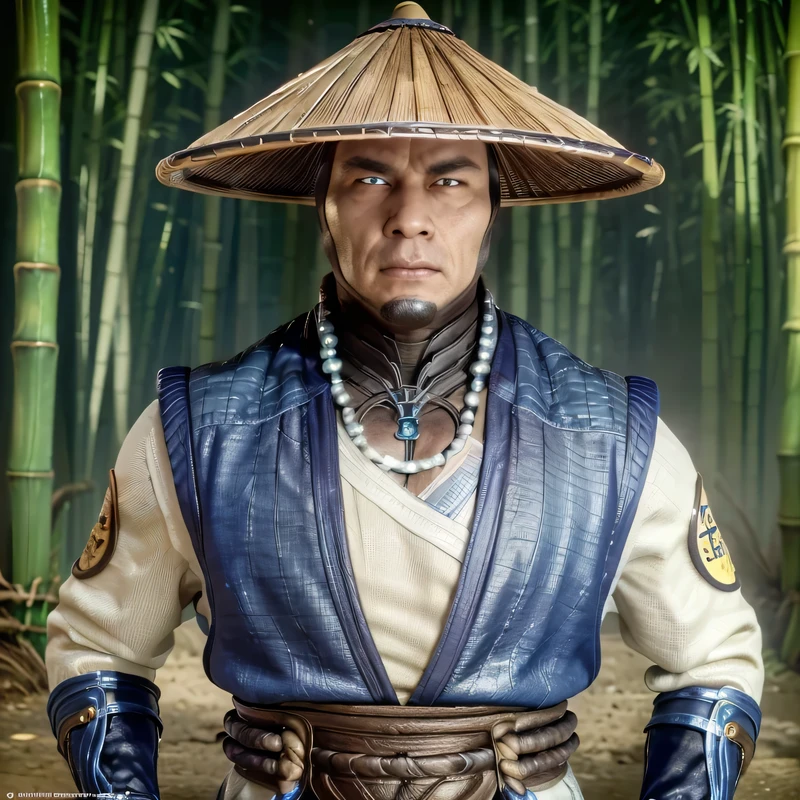 ((masterpiece)), ((best quality)), (ultra-detailed), absurdres, extremely detailed CG unity 8k wallpaper, Official Art, Accurate describe shapes, beautiful face, detailed hands, expressive eyes, upper body, looking at viewer, solo, (realistic), close-up, (standing, crossed arms, serious:1.2), (bamboo forest, dramatic light, thunder surrounds, thunder chain, scenery, illustration:1.1), (Raiden - Mortal Kombat, mature male, muscular male, glowing eyes:1.4), (brown headwear, jingasa, amulet, beads, fingerless robe, arm guards, white shirt, white pants, long sleeves, blue vestments:1.3), ((masterpiece)), absurdres, HDR, raiden (mortal kombat),
