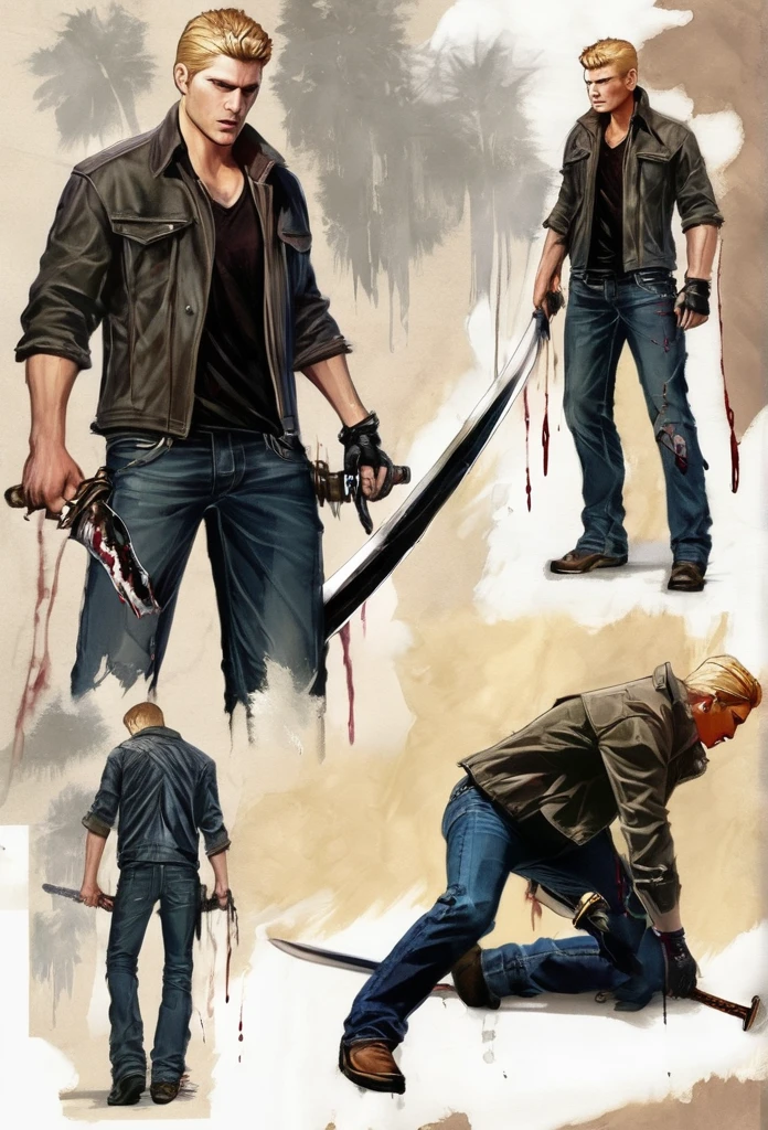 Make concepts art para um filme do dean winchester's blonde ,with black clotes and jeans,and torn,he is bleeding,and holding a sword!