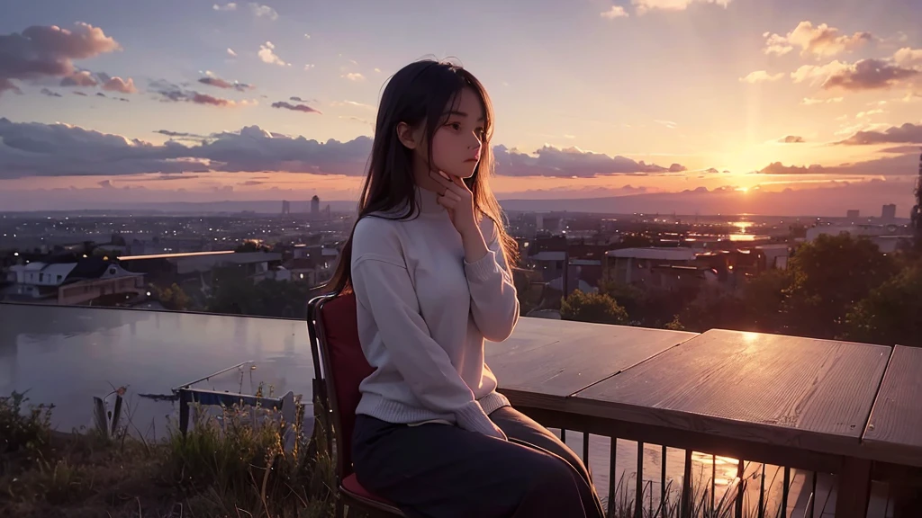 A photo of a beautiful girl sitting on a chair, gazing at the sky with a sad expression. The surroundings are calm and melancholic, with the soft light of the sunset adding a dramatic touch to the image. The background features a vast sky with thin clouds, reflecting the somber mood.