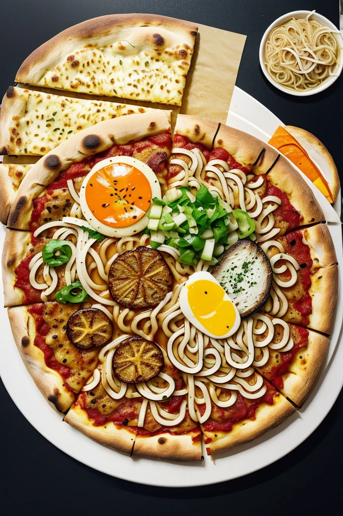 A ramen, a hamburger and a pizza inside a minimalist cartoon style circle