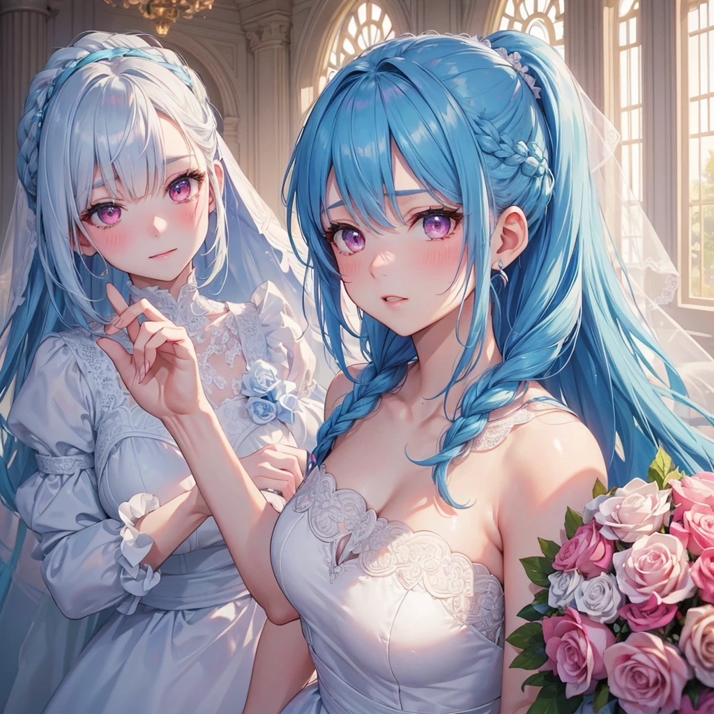 Sky blue hair, (Braided Ponytail),(Pink Eyes),Fair skin ,(whole body),(1 Girl),bride,blush,Straight bangs, 6月のbride,Wedding dress,(masterpiece, Highest quality, Very detailed, Best Shadow), (Detailed Background), (Beautifully detailed face), High Contrast, (Best lighting, Very delicate and beautiful), ((Cinematic Light)), colorful, Hyper Detail, Dramatic Light, Intricate details,Wedding hall,Bouquet of roses