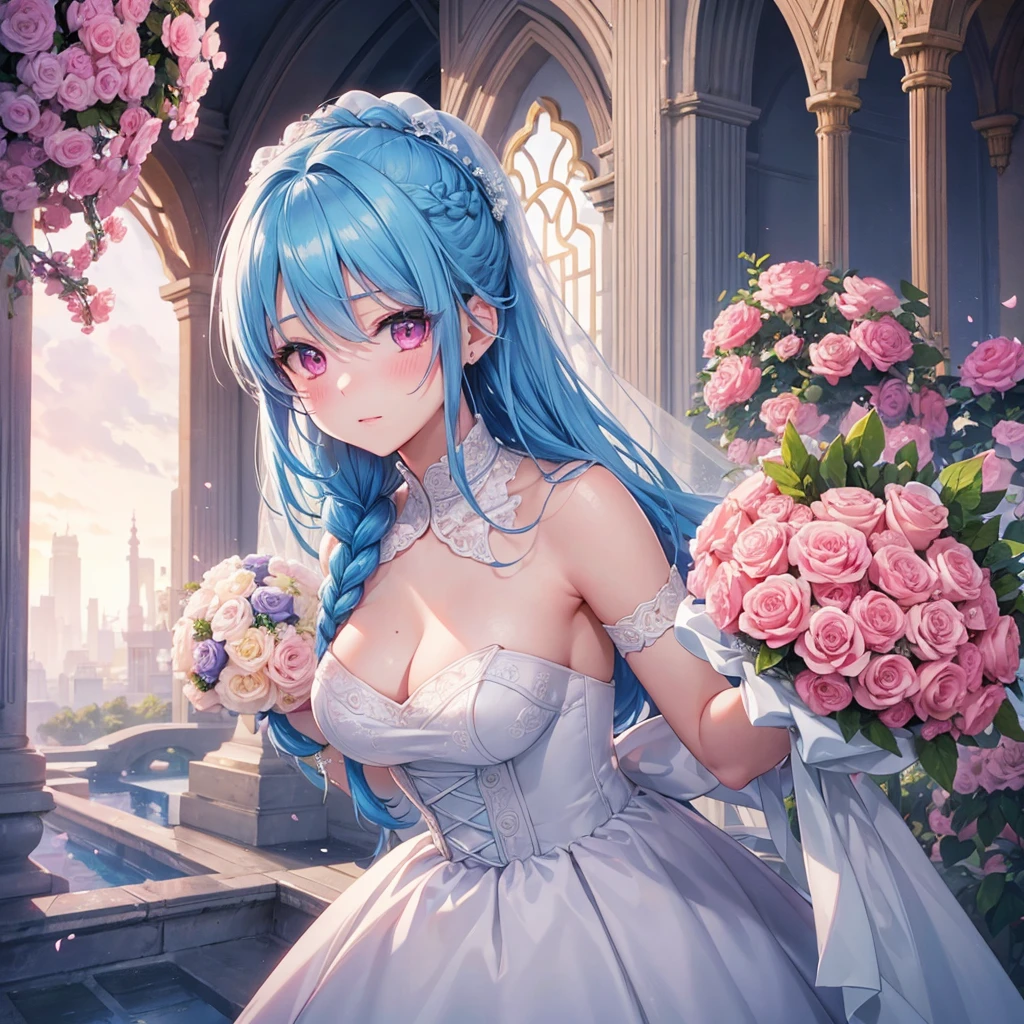 Sky blue hair, (Braided Ponytail),(Pink Eyes),Fair skin ,(whole body),(1 Girl),bride,blush,Straight bangs, 6月のbride,Wedding dress,(masterpiece, Highest quality, Very detailed, Best Shadow), (Detailed Background), (Beautifully detailed face), High Contrast, (Best lighting, Very delicate and beautiful), ((Cinematic Light)), colorful, Hyper Detail, Dramatic Light, Intricate details,Wedding hall,Bouquet of roses