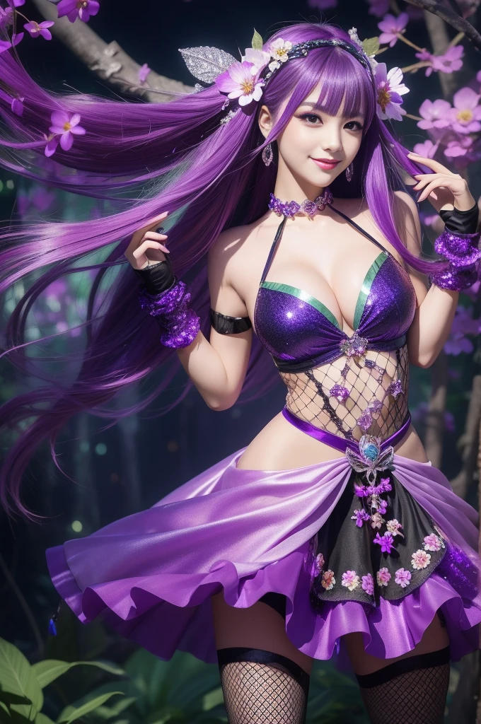 sexy stylish female who controls poison、beautiful smile、lipgloss、long lashes、intense makeup、look at the camera、full body Esbian、、sparkling poisoned flower costume (purple)、、、、shiny sparkling multicolor hair、secrete poison、skull hair accessories、fishnet tights、shiny sparkling dark magic forest background