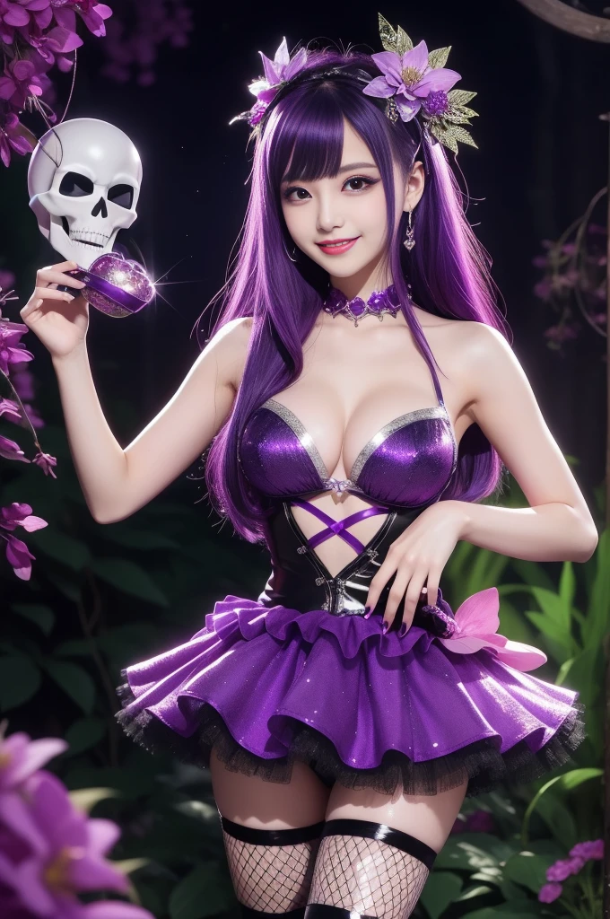 sexy stylish female who controls poison、beautiful smile、lipgloss、long lashes、intense makeup、look at the camera、full body Esbian、、sparkling poisoned flower costume (purple)、、、、shiny sparkling multicolor hair、secrete poison、skull hair accessories、fishnet tights、shiny sparkling dark magic forest background