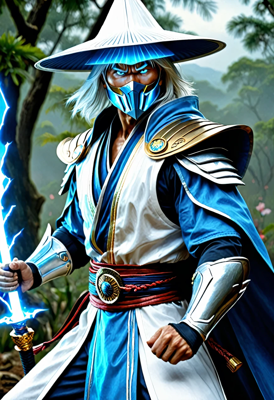 Raiden, Mortal Combat, wears white cloak, A Vietnamese hat, shining blue eyes, wields baton, God of thunder, protector of the Earth Plane, intricate, high détail, sharp focus, dramatic, photorealistic paint art by greg rutkowski
