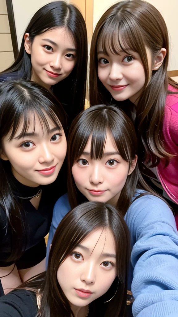 Highest quality, masterpiece, Ultra-high resolution, (Realistic:1.4), Raw photo, Very detailed, Perfect Anatomy, (Three Girls), The most popular Japanese idols at 18, Most popular Japanese actresses at 38 years old, The most popular Japanese model at 28 years old, (Everyone is having fun at a house party), All-sitting luxury sofa, Variety of faces, Very cute face like the most popular Japanese idol, Very beautiful face like the most popular Japanese actress, Very cute face like the most popular Japanese models, Very beautiful eyes, Everything is so beautiful、The hair colour is also different, All of the skins are very beautiful, all wearing winter clothes、Showing her 。