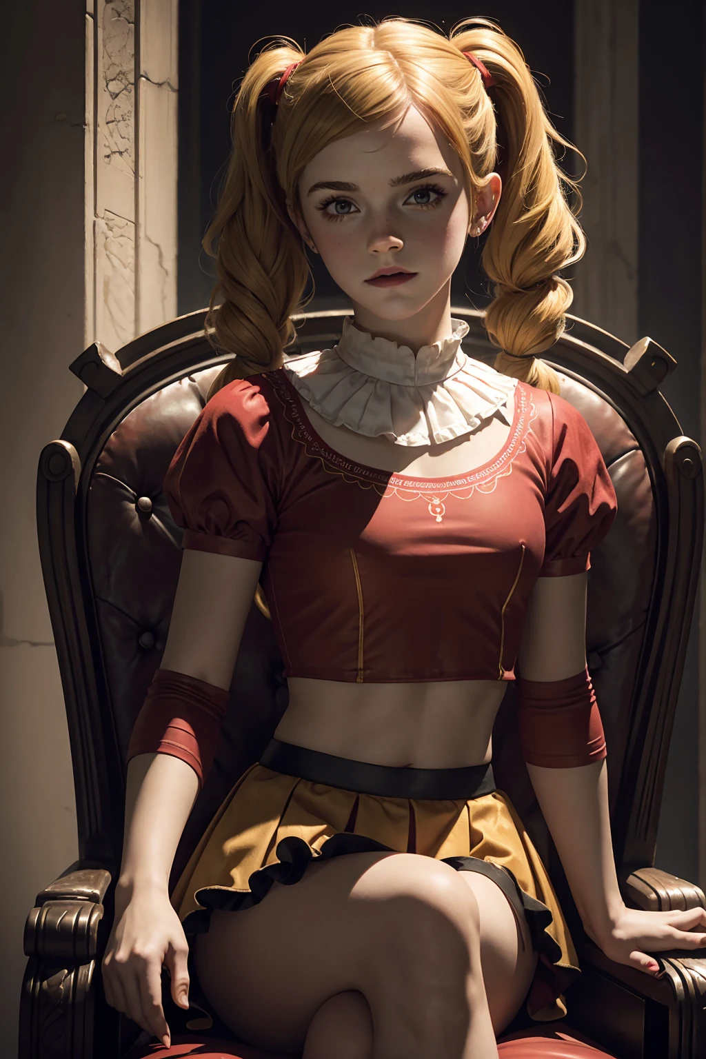 masterpiece. a beautiful emma watson dressed as girl clown with red paint. blonde, twintails. intricate tight short uniform, crop top. dark ambient. on a royal throne. cinematic lighting.