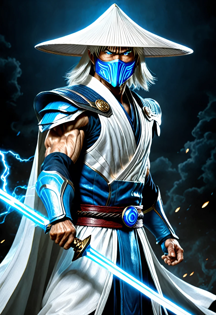 Raiden, Mortal Combat, wears white cloak, A Vietnamese hat, shining blue eyes, wields baton, God of thunder, protector of the Earth Plane, intricate, high détail, sharp focus, dramatic, photorealistic paint art by greg rutkowski
