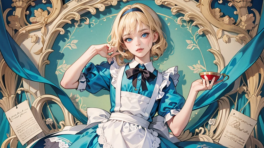 masterpiece, Highest quality, Portraiture, 1 Girl, (Alice in Wonderland:1.2), Blue clothes, White apron, Blonde, blue eyes, Usagi, Trump, Tea cup, White lace thigh high socks, Miniskirt lift, Half Body, Dynamic pose