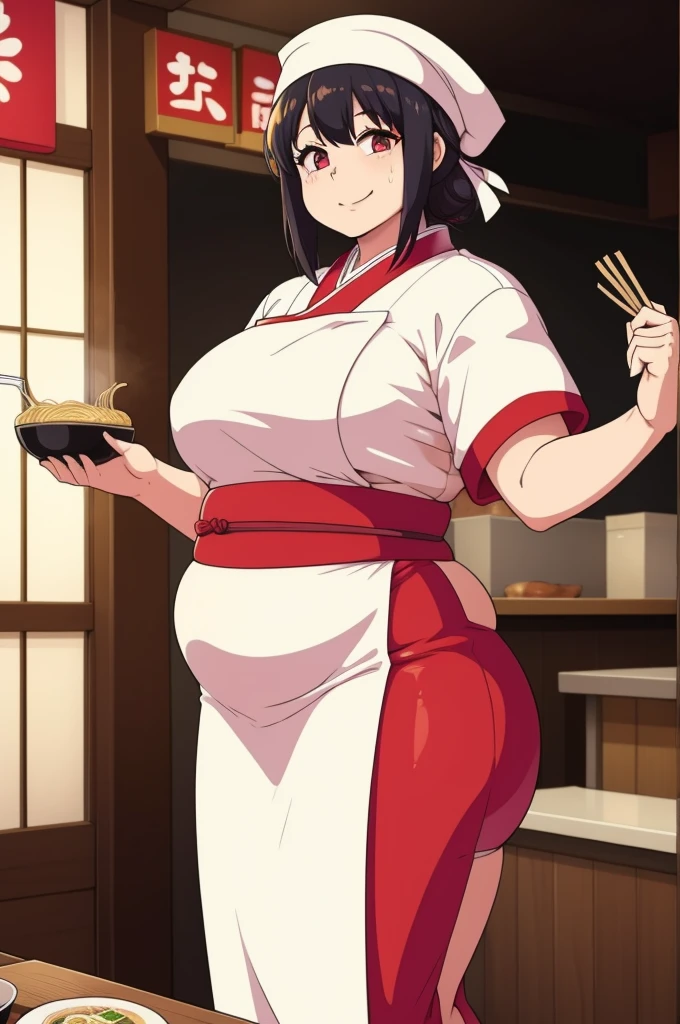 1woman, ramen chef, Japanese, cooking ramen, at a restaurant, Japanese clothes, fat, smiling, curvy,