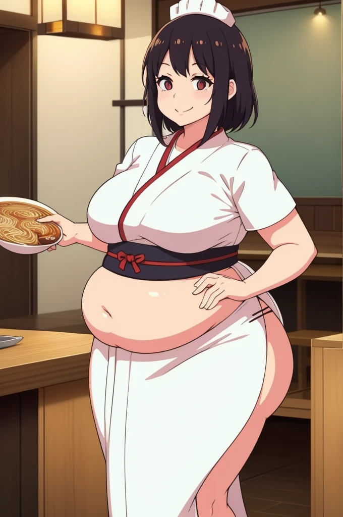 1woman, ramen chef, Japanese, cooking ramen, at a restaurant, Japanese clothes, fat, smiling, curvy,