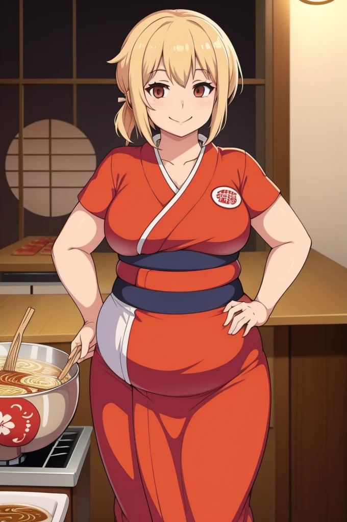 1woman, ramen chef, Japanese, cooking ramen, at a restaurant, Japanese clothes, fat, smiling, curvy,