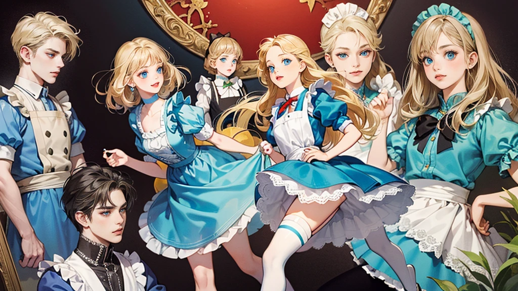 masterpiece, Highest quality, Portraiture, One Girl, (Alice in Wonderland:1.2), Blue clothes, White apron, Blonde, blue eyes, Usagi, Trump, Tea cup, White lace thigh high socks, Miniskirt lift, Dynamic pose,Retro