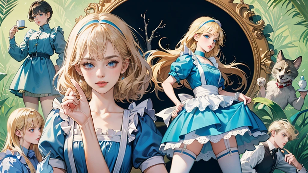 masterpiece, Highest quality, Portraiture, One Girl, (Alice in Wonderland:1.2), Blue clothes, White apron, Blonde, blue eyes, Usagi, Trump, Tea cup, White lace thigh high socks, Miniskirt lift, Dynamic pose,Retro
