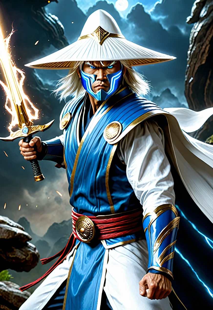 Raiden, Mortal Combat, wears white cloak, A Vietnamese hat, shining blue eyes, wields baton, God of thunder, protector of the Earth Plane, intricate, high détail, sharp focus, dramatic, photorealistic paint art by greg rutkowski
